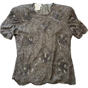 Vintage Patra Stenay Women’s Black Sequin Beaded Silk Evening Blouse Sz M